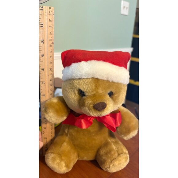 Vintage Sasco Christmas Teddy Bear Plush Stuffed Animal With Santa Hat & Red Bow - Picture 2 of 14